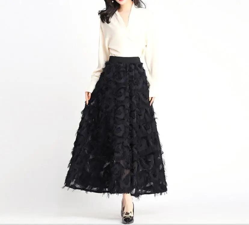 New Summer Long Skirt Women  Spring Feather Tassel Skirts Female Elegant Runway Skirt Maxi Party Jupe Faldas Largas Mujer