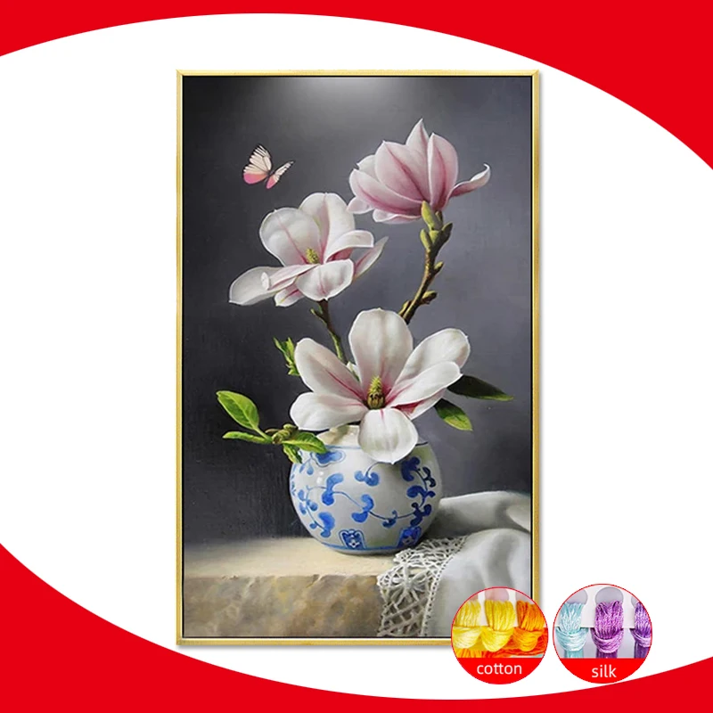 Needlework,DIY,Embroidery,Magnolia,Flowers,Cross Stitch ,Kits,Printed,Patterns,Canvas,Dmc,Chinese,Cross-stitch,Thread,set,vase,H