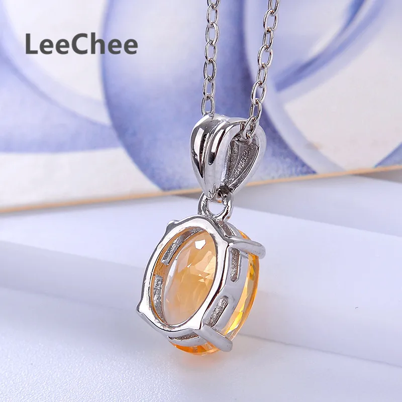 LeeChee 100%Natural citrine pendant real 925 Solid Sterling Silver jewelry 7*9mm yellow gemstone necklace for women gift 1.7CT