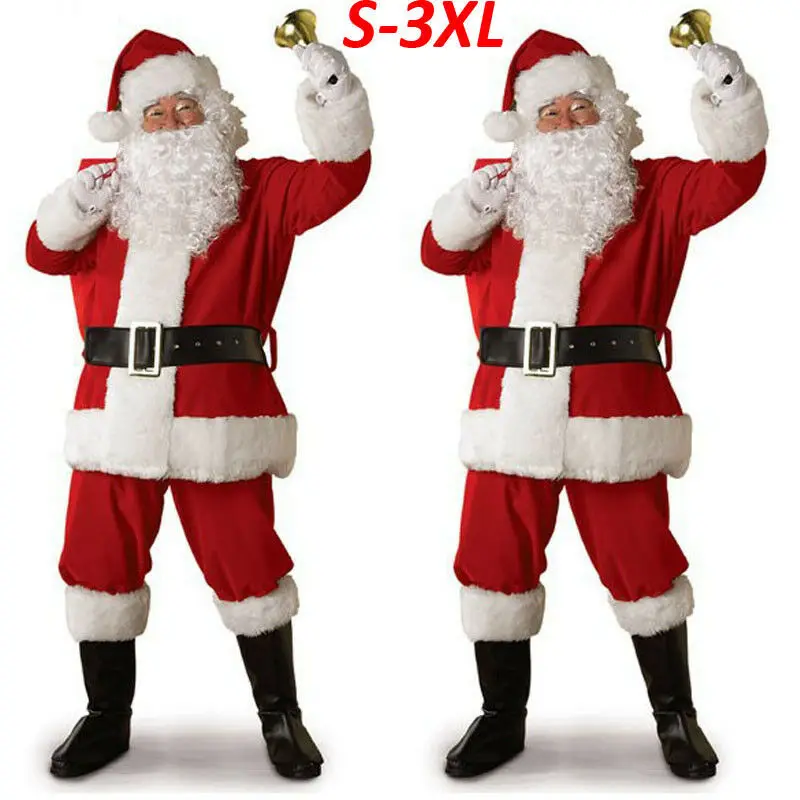 5PCS Santa Claus Costume Men Adult Suit Christmas Party Outfit Fancy Xmas Dress Christmas Clothes Cosplay Outfit S-3XL