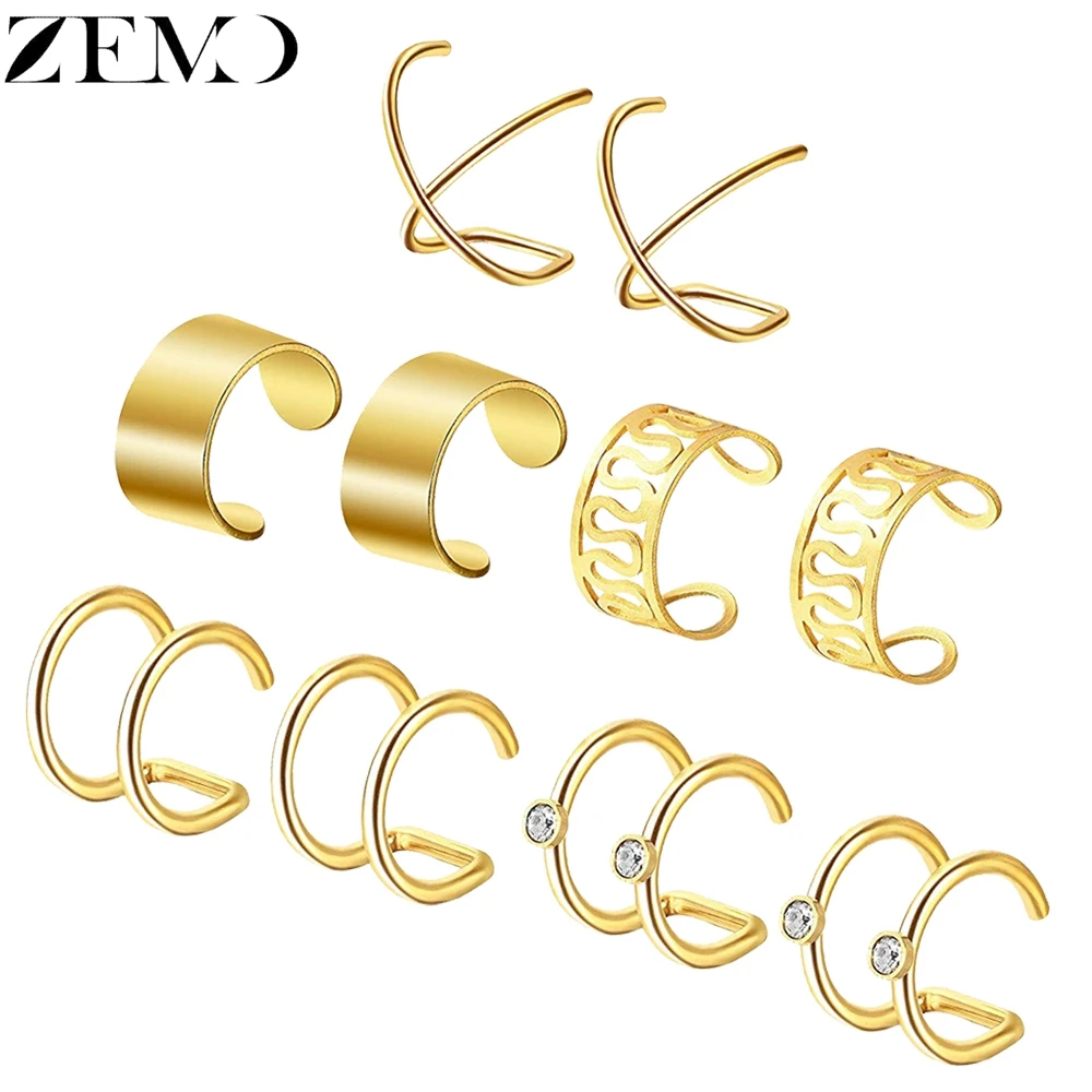 ZEMO 5 pairs/Lot Rose Gold Clip Earrings for Women Black Gold Color Stainless Steel Cuff Earrings Female Fake Piercing Jewelry