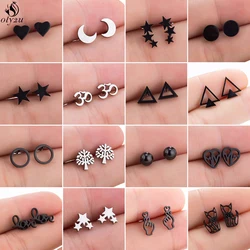 Mini Stainless Steel Earrings For Women Men Punk Black Geometric Star Moon Triangle Heart Stud Earings Pierced Body Jewelry Gift