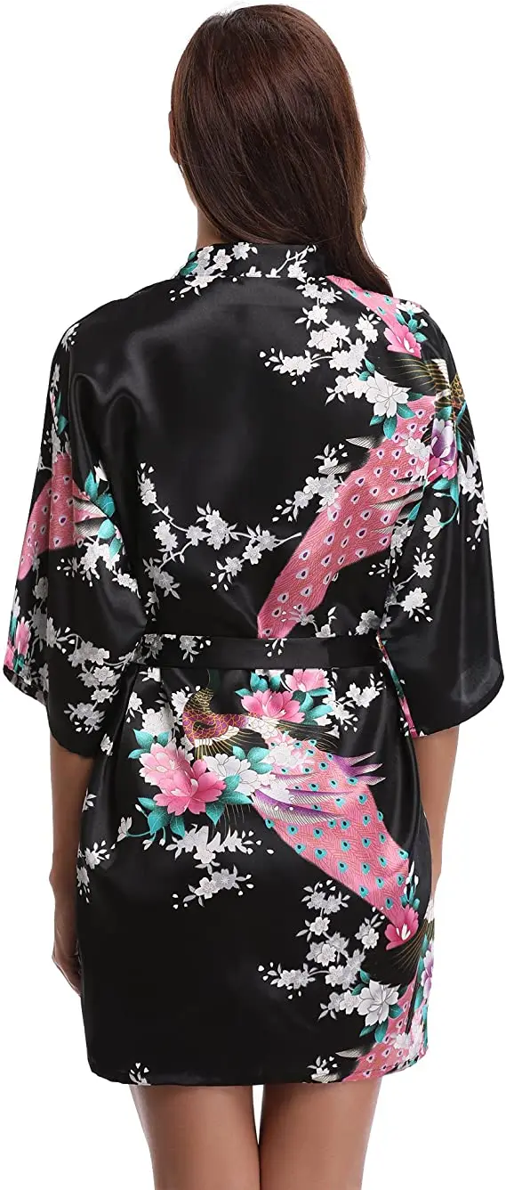 ยี่ห้อสีม่วงหญิงพิมพ์ลายดอกไม้ Kimono ชุดสไตล์จีนผ้าไหมซาติน Robe Nightgown ดอกไม้ S M L XL XXL XXXL