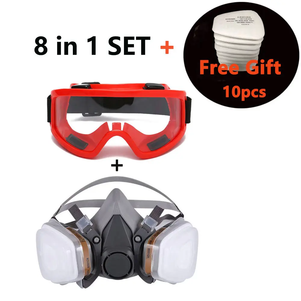 8-In-1 6200 Dust Gas Mask With Safety Goggles Half Face Gas Respirator For Painting Spraying Polishing Work Safety +10 Filters