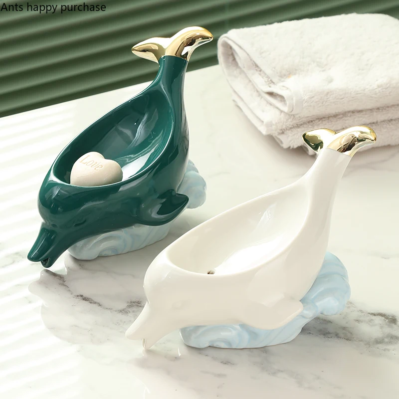 Dolphin Ceramic Soap Box Drain Soap Dish Soap Box 2-piece Set Bathroom Supplies Home Decoration Accessories Drain Soap Holder