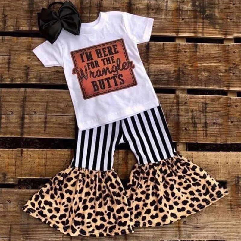 Promotion Toddler Baby Girls Kids summer clothes Outfits children Letter T-shirt Ruffle Striped Leopard Bells Bottom Pants Sets