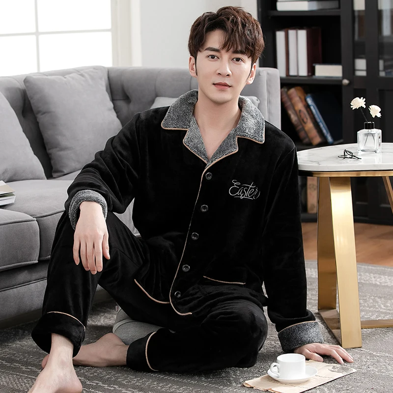 Men Cardigan Pajamas Set Warm Flannel Male Long-sleeved Autumn Winter Pyjama Loose L-4XL Men Home Set Coral Fleece Sleepwear