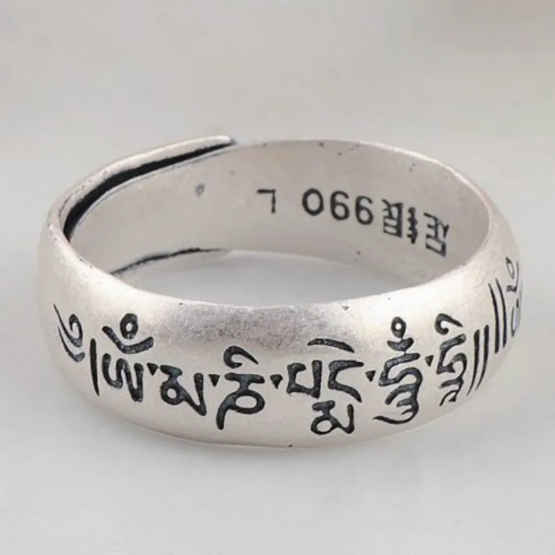 S990 Sterling Silver Rings Tibet Buddha Six Character Mantra Retro Matte Pure Argentum Men's Women's Hand Jewelry Amulet