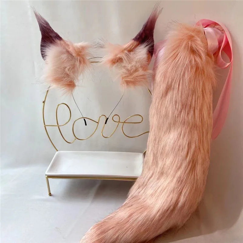 Hand Made Work For KC Cosplay Party Game Costume Accessories Peach Pink Wolf Fox Ears Hair Hoop Tail Set Custom Made