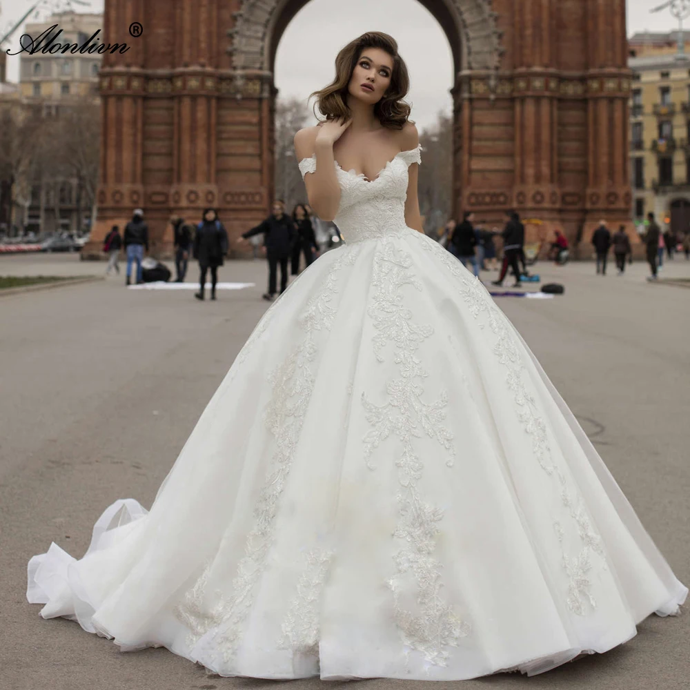 Alonlivn Noivas Luxury Embroidery Appliques Ball Gown Wedding Dresses Beading Pearls Sweetheart Off The Shoulder For Brides