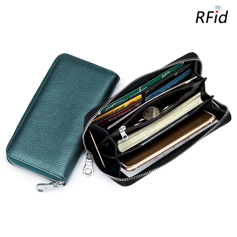 Luxury Genuine Leather Women Clutch Wallet RFID Anti-theft Purse Ladies Transparent Touch Screen Phone Holder Small Shoulder Bag