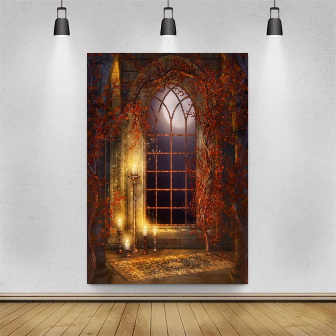 Gothic Room Background Moonlight Arched Window Photography Backdrop Interior Candles Vines Girl Boy Child Kid Lovers Portrait