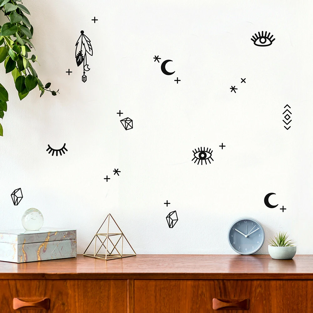 72Pcs Trendy Cute Mystical Charms Wall Decal Kids Room Nursery Eyelash Cross Diamond Moon Dreamcatcher Wall Sticker Playroom