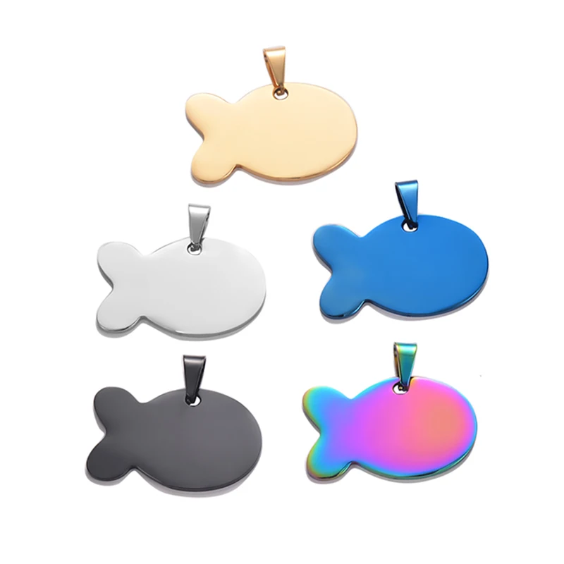 10 PCS Dog Tag 5 Colors Unisex Stainless Steel Stamping Blank ID Dog Tags Fish Shape Pendant Necklace ID Jewelry 24.5x38mm