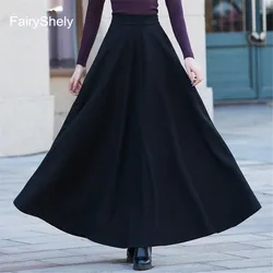 FairyShely Vintage Pleated Long Skirt Women 2025 Autumn Winter Woolen High Waist Black Skirts Female Flare Pocket