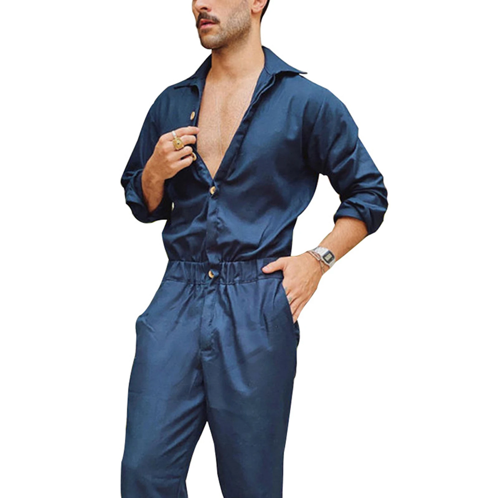 Men’ s Overalls Long Pants Fashion Casual Button Jumpsuit Solid Color Turn-Down Collar Long Sleeve Playsuits Romper for Male