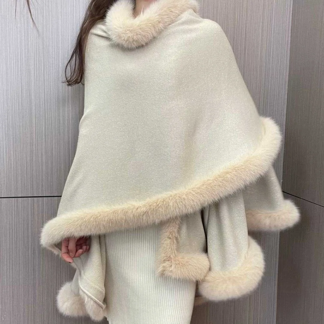 Hot Sale Bright Silk Golden Fox Shawl Poncho Cape Autumn Winter New Elegant Socialite Large Size Woolen Coat for Women