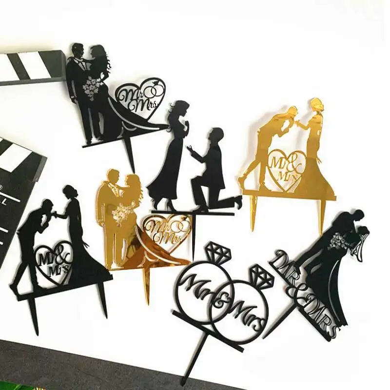 Bride & Groom Cake Topper Acrylic Cupcake Topper Wedding & Engagement Decorations Mariage Anniversary Party Cake Top Flag Decor