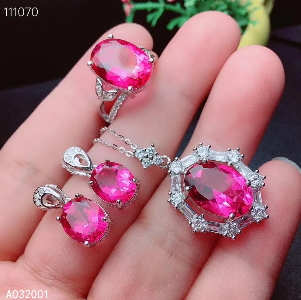 Kjjeaxcmy Mỹ Trang Sức Hồng Tự Nhiên Topaz Bạc 925 Nữ Mặt Dây Chuyền Bông Tai Vòng Cổ Bộ Nhẫn Hỗ Trợ Kiểm Tra Thời Trang