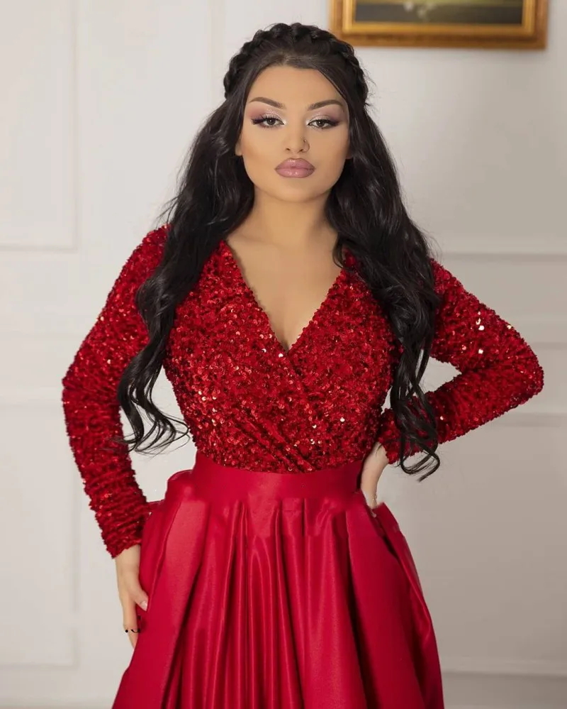 Vestidos de noche rojo árabe sexi, sirena con cuello en V, mangas largas, falda de satén con lentejuelas, abertura lateral, Formal, para celebraciones, bodas y fiestas