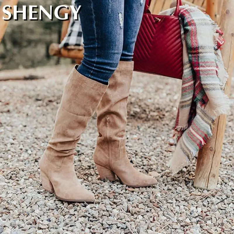 Winter Women Shoes Sexy High Pointed Toe Solid Color Slip-On Flock Warm Over The Knee Boots Ladies Mature Party Elegant Boots