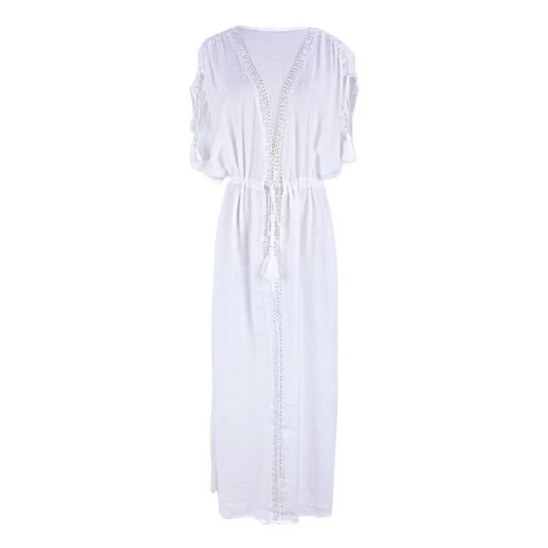 Robe de Plage en Crochet blanc tricoté, tunique longue, paréos, Cover-up pour les Bikinis, vêtements d'été, 2020