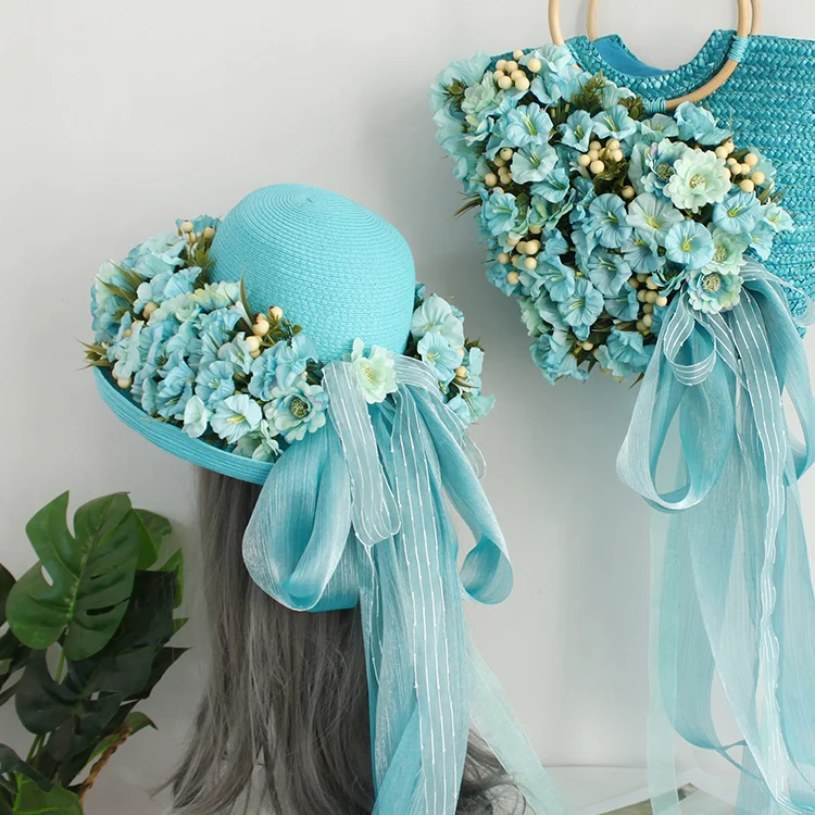 Light Blue Weave Rattan Aritifical Flowers Studded Top-handle Handbag Hat Suit Women Fashion Summer Beach Straw Tote Soft Scarve