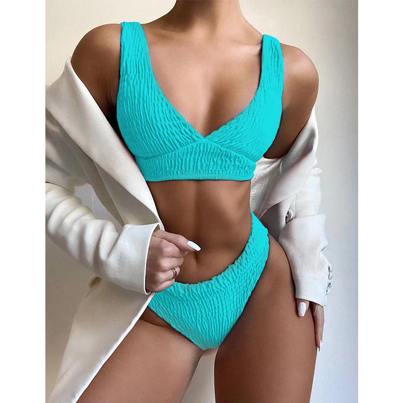 JyoJyo Sexy pleated swimsuit women Ribbed bikinis 2021 mujer High cut swimwear female V neck bathing suit 2 piece swim suit new