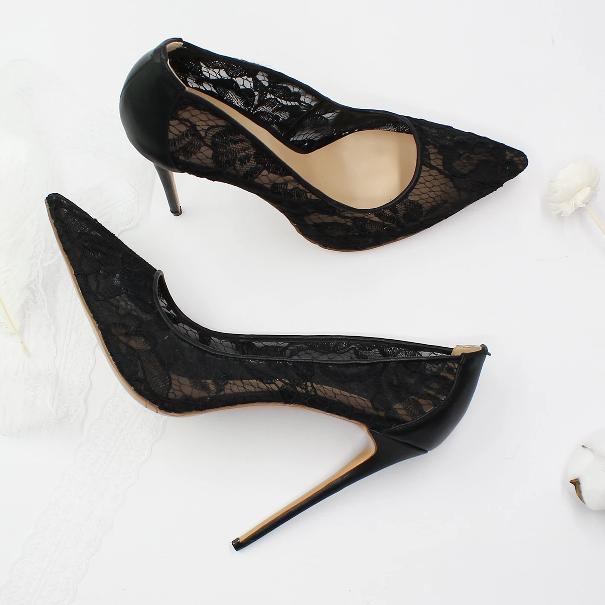 Summer Black White Mesh Lace High Heels Female Ladies Thin Heeled For Women Pointed Toe Pumps Sexy Woman Party Prom Shoes D017A