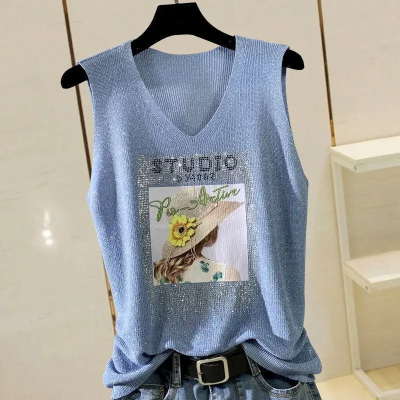 Women Vest Spring Summer New Sleeveless V-neckIce Silk Casual Loose Knitted Tank Pullover Top Korean Clothes Female Tank Tops