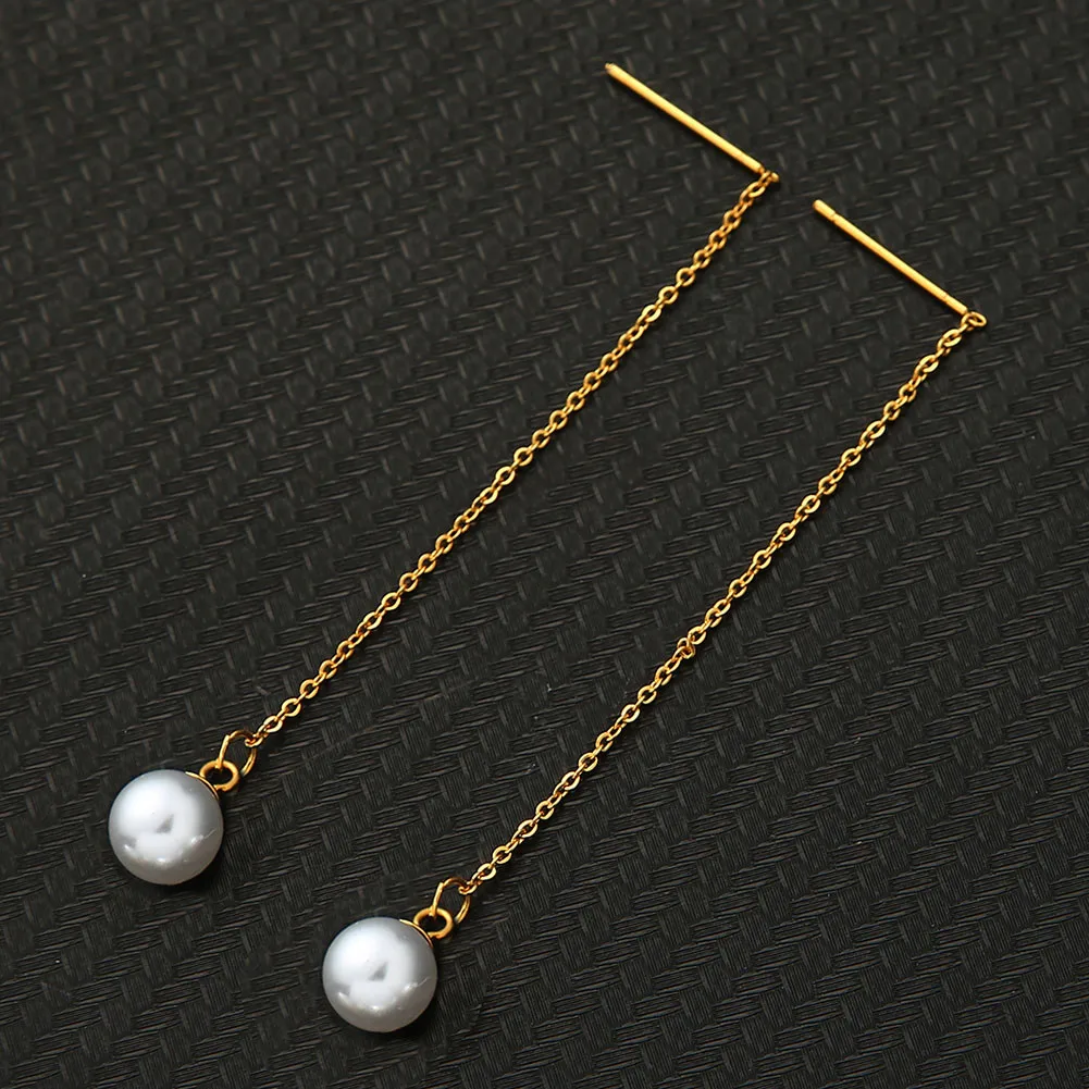 MinaMaMa Stainless Steel Tassel Long Imitated Pearl Earring For Women Girls Minimalist Threader Earrings New Trendy Jewelry