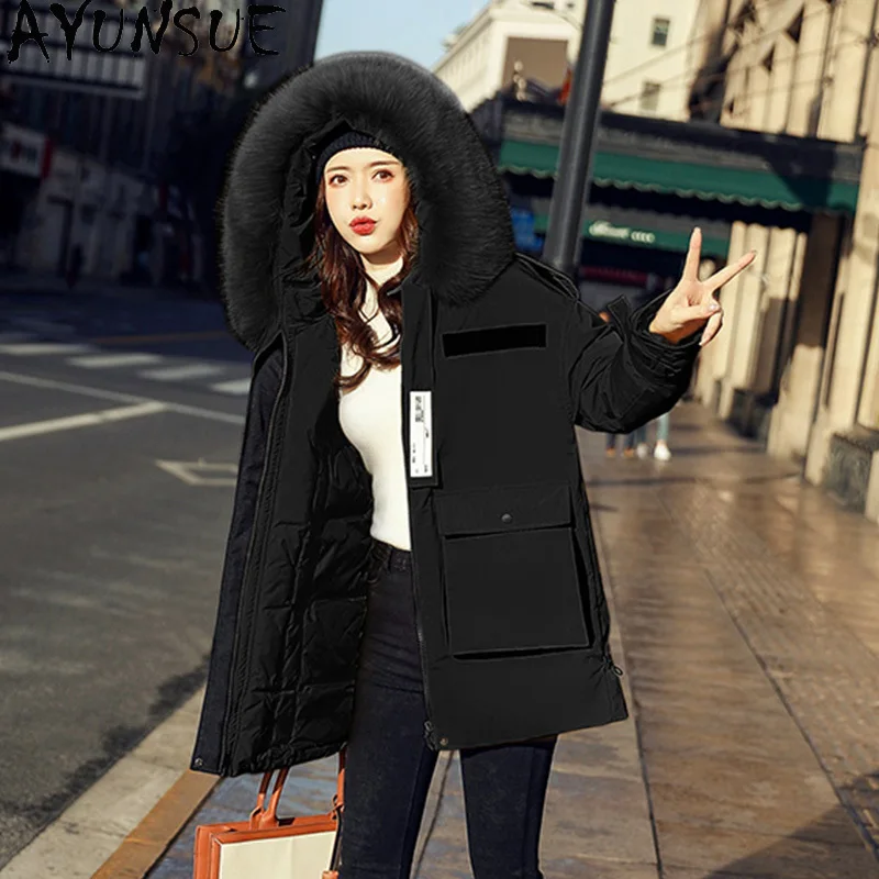 AYUNSUE Real Fox Fur Collar Hooded Women's Down Jacket Fashion High Quality Female Winter Parkas Women Coats Femme Veste