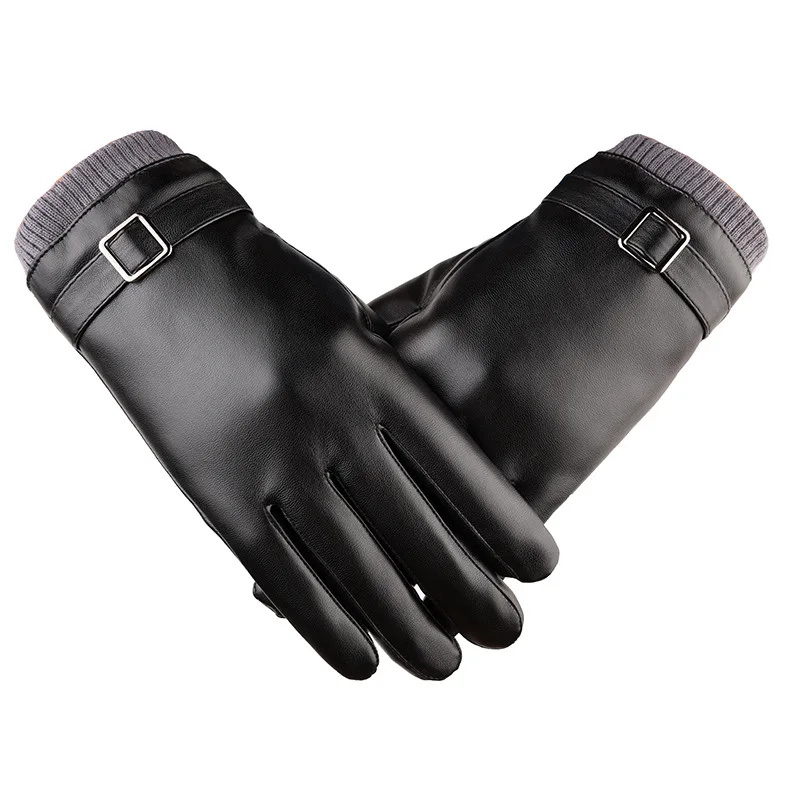 1PAIR Black PU Leather Gloves Male Full Finger Thicken Driving Gloves Winter Touch Screen Warm Windproof Mittens Luvas WA 023