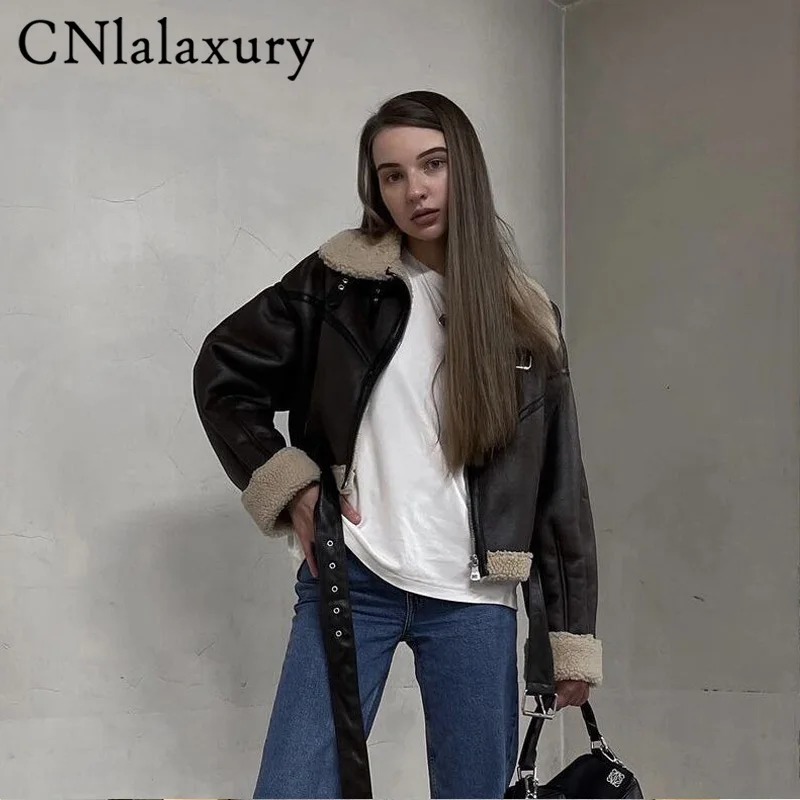 2023 Fur Long Sleeve Loose Belt Warm Women Pu Leather Jacket Lamb Wool Winter Thick Motorcycle Lapel Female Chic Coat Outwear