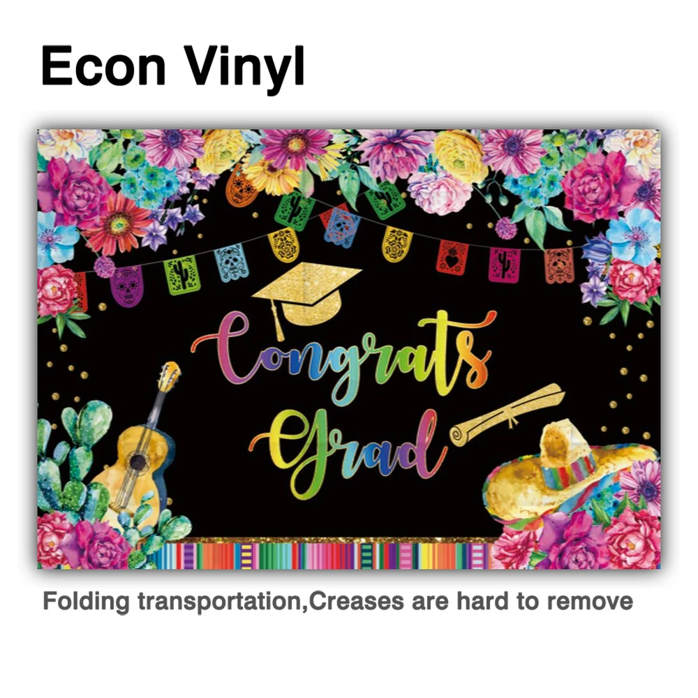 Funnytree Congrats Grad Bachelor Banner Colourful Flowers Backdrop Guitar Hat Mexican Fiesta Party Gold Dots Photo Background