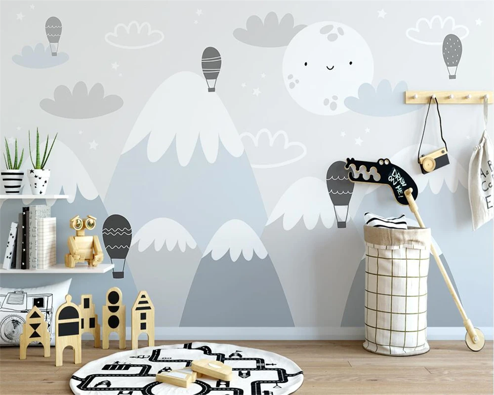 beibehang Custom modern nordic hand-painted cartoon mountain peaks clouds moon children background wallpaper papier peint