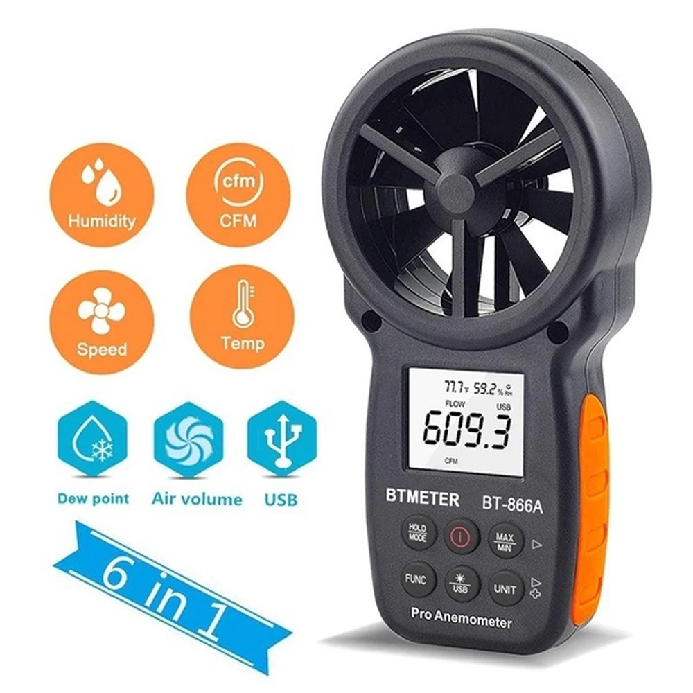 Digital Anemometer BT-866A CFM Meter Air Flow Meter Measure Wind Temperature/Speed Wind chill CFM with USB