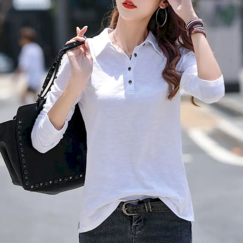 2024 Spring Summer New Women T-shirt 100% Pure Cotton Long Sleeve T-shirt Korean All-match Lapel Top POLO Collar Bottoming Shirt