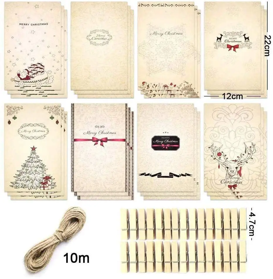 24Pcs Advent Christmas Calendars Kraft Paper, Candy Bag with Stickers Clips Rope