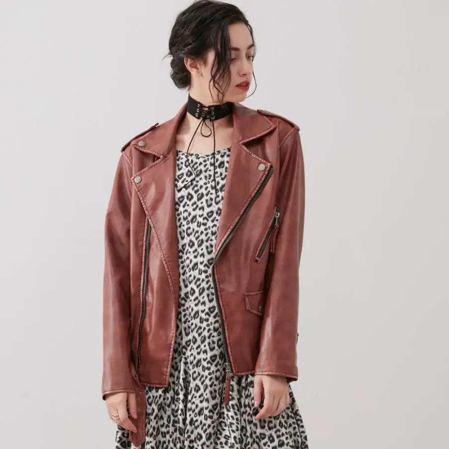 Fashion Rust red leather jacket Locomotive lapel collar pu Leather Jacket female Punk Motorcyle Leopard Jackets with belt F2131