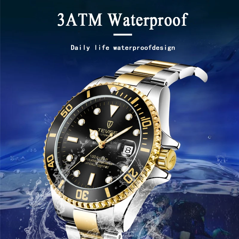 Luxury Brand Automatic Wrist Watches Tevise Stainless Steel Date Calendar Watch Diver Waterproof Military Men\'s Mechanical Watch