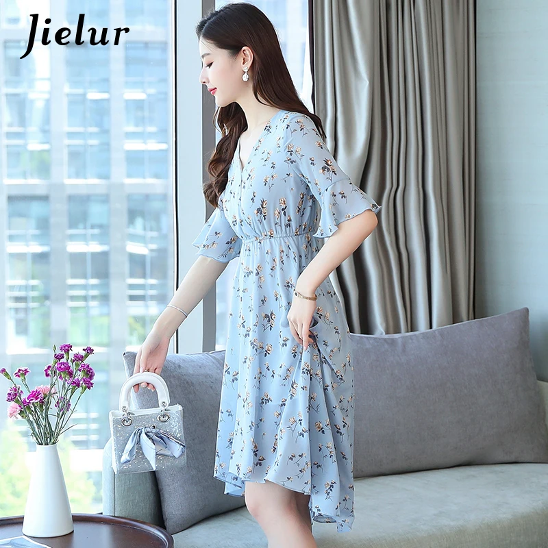 Jielur Chiffon Zomer Jurk Korte Mouwen Bloemen Gewaad Femme V-hals Elastische Taille Vakantie Vrouwen Jurk Boho Leisure Abiti Donna