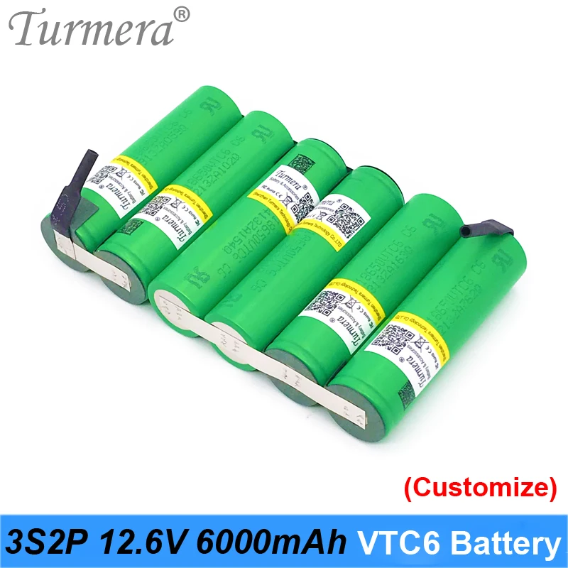 

Turmera 10.8V 12.6V 3S2P 6000mAh Li-ion Battery 18650 VTC6 3000mAh 30A Battery with Soldering for Screwdriver Battery Customized