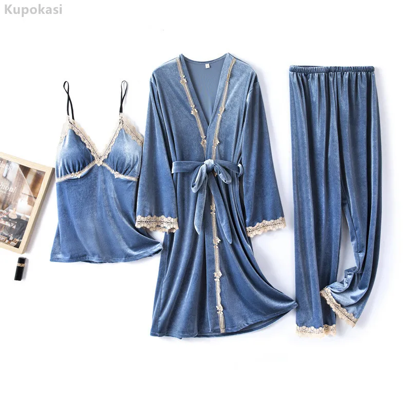 

Kupokasi Women Winter Velvet 3 Pieces Pajamas Set Warm Autumn Sleepwear Blue Lace Sexy Homewear Sling Long Sleeves Nightdress