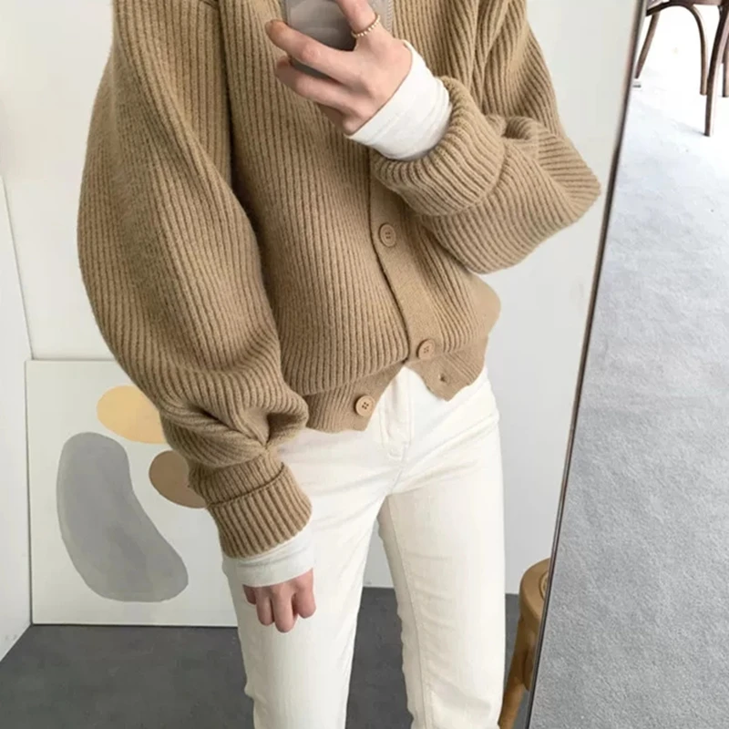 REALEFT Autumn Winter 2021 New Thicken Women Cardigan Sweaters Elegant Solid Long Sleeve Casual Loose Knitted Cardigans Female