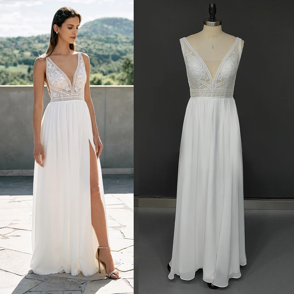 Robe de mariée en mousseline de soie, col en V, sur mesure, sans manches, dos nu, fente haute, dos ouvert