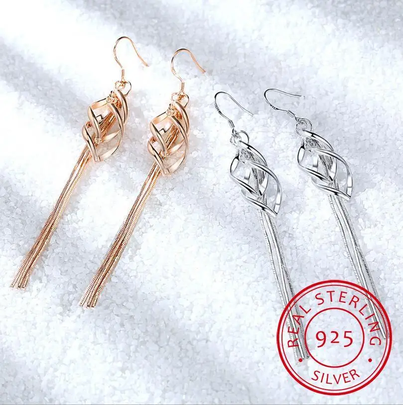 

925 Sterling Silver Earrings Long Tassel Twisted Drop Earrings For Women oorbellen Trendy Jewelry S-E872