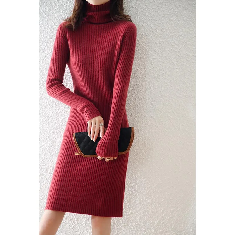 

Merino Wool Knitted Jumpers for Women, Knee-Length Dresses, 100% Pure Turtleneck, Soft Ladies Pullovers, Winter, New, 2021