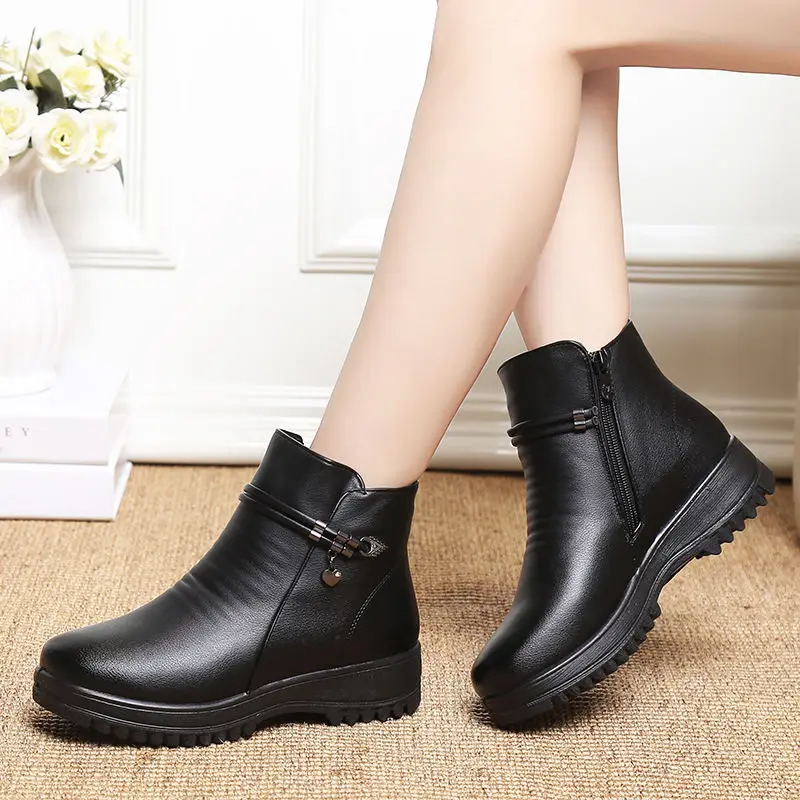 GKTINOO Solid Black Women Snow Boots Classic Plush Winter Shoes Female Ankle Boots Plus Size 35-43 Ladies Leather Booties