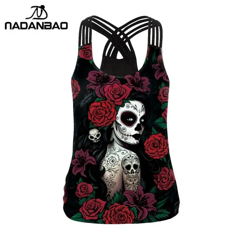 NADANBAO Sexy Hollow Out Women Tank Tops Backless Female Streetwear Hallowenn Tops 3D Print Rose Vest Sleeveless Fitness Clothes